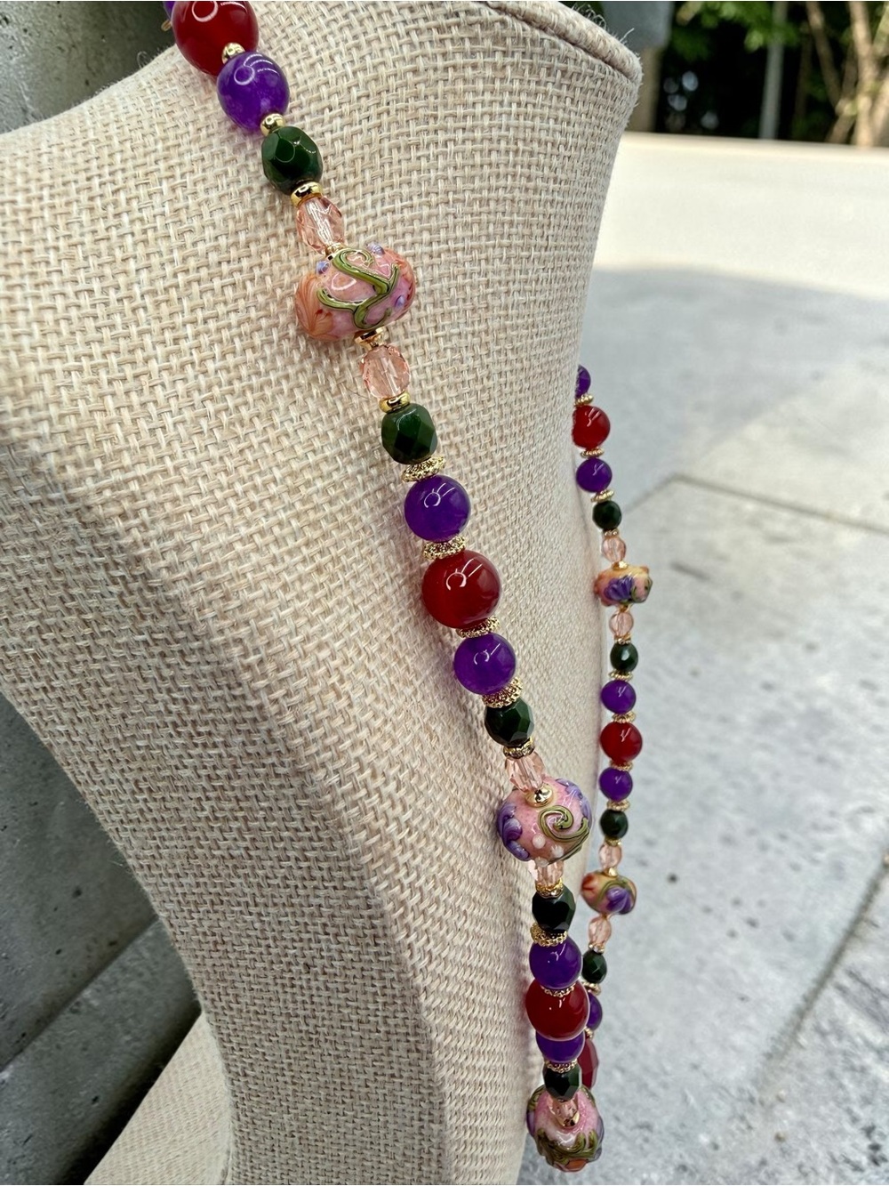 Artisan Handmade Amethyst Carnelian Lampwork Floral Necklace 20” Gold Floral Lux - Picture 6 of 17